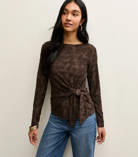 Women's Dark Brown Jersey Floral Burnout Knot Long Sleeve Top