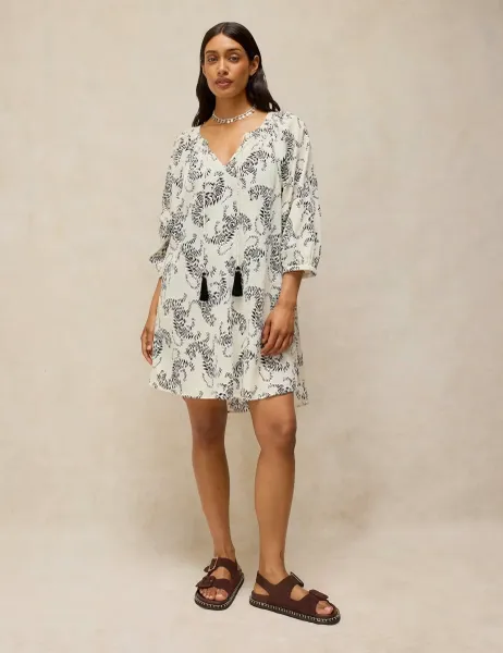 White Stuff Pure Cotton V-Neck Tie Detail Beach Dress White Mix