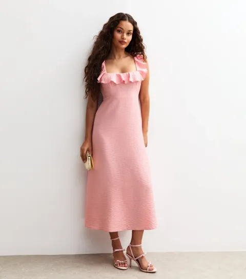 Women's Petite Pink Ruffle Strap Midi Dress
