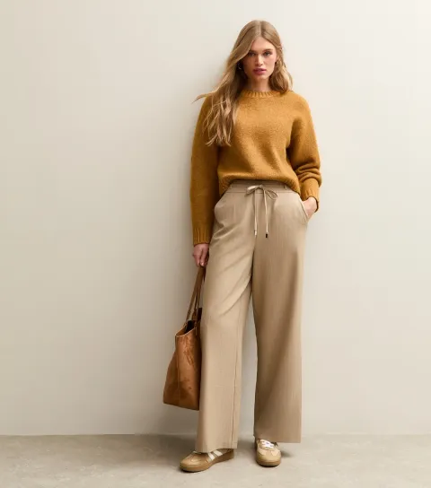 Women's Brown Striped Tie Waist Wide Leg Trousers