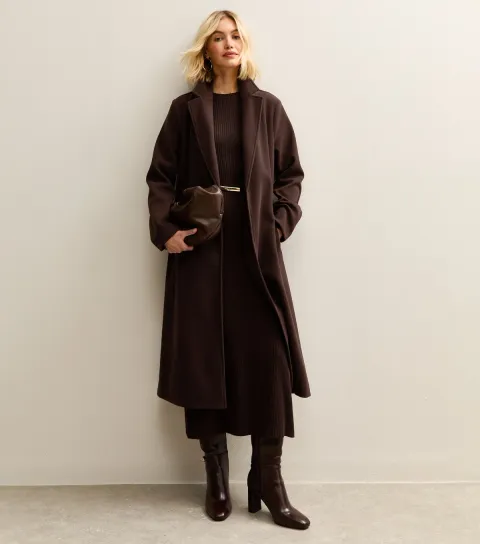 Women's Dark Brown Unlined Longline Belted Coat