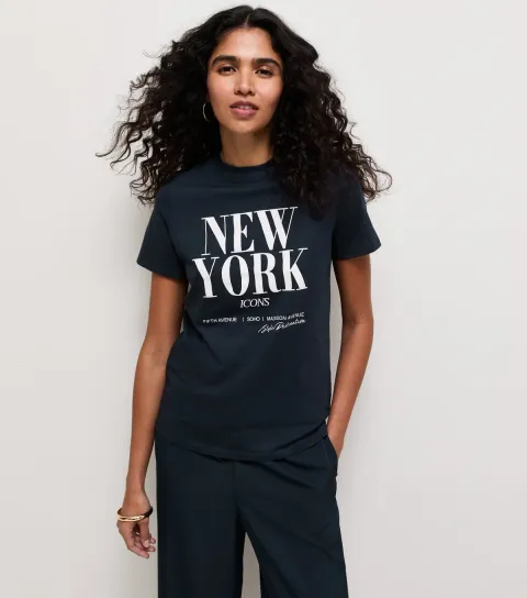 Women's Black Cotton New York Logo Relaxed T-Shirt