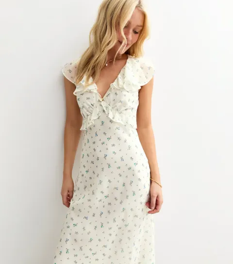 Women's White Floral Print Ruffle Trim Midi Dress