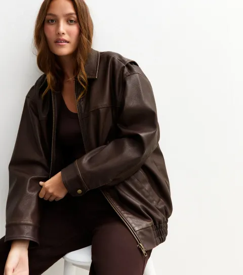 Women's Dark Brown Oversized Washed Faux Leather Jacket