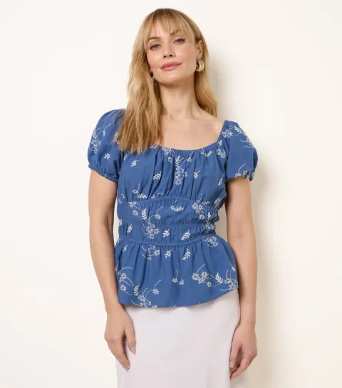 Women's Navy Embroidered Ruched Top