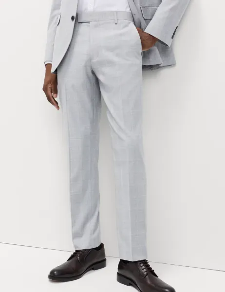 Marks & Spencer Prince of Wales Check Stretch Suit Trousers Light Grey Mix