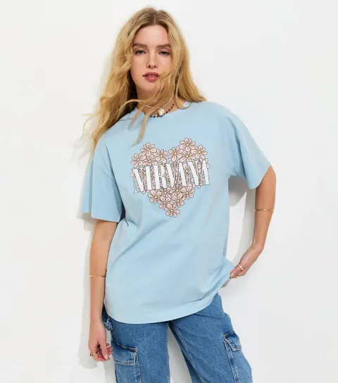 Women's Light Blue Cotton Nirvana Print Oversized T-Shirt