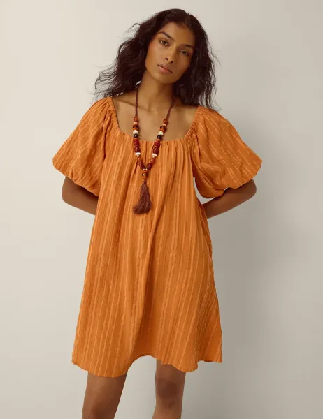 Monsoon Pure Cotton Scoop Neck Midi Smock Dress Tan