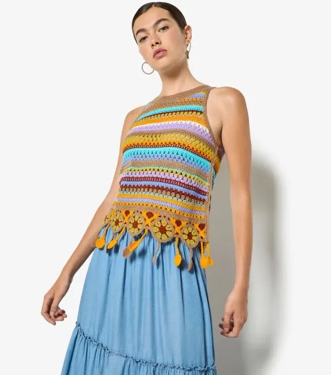 Women's Yellow Striped Tassel Hem Crochet Knit Top