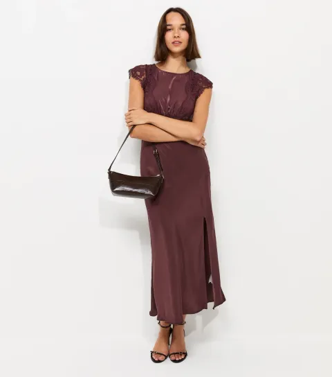 Women's Dark Burgundy Satin Lace Sleeve Split Midi Dress