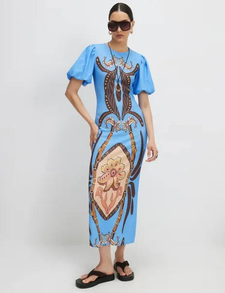 River Island Textured Printed Midi Dress Blue Mix