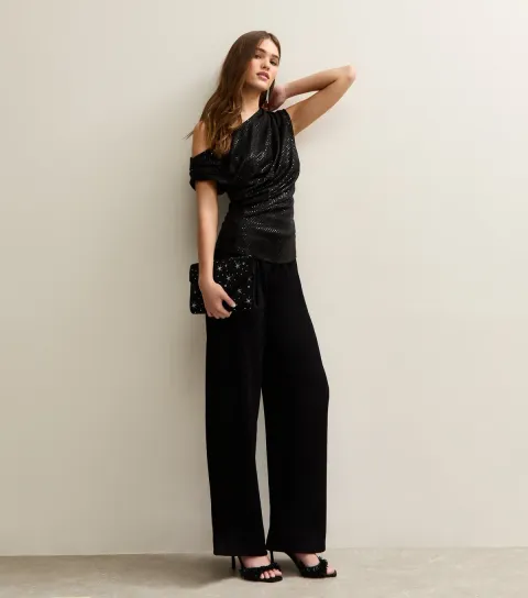 New Look Women's Black Crinkled Wide Leg Trousers