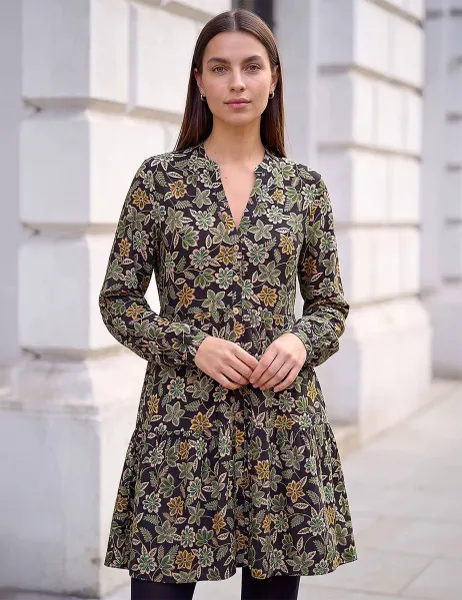 Roman Floral V Neck Button Detail Knee Length Swing Dress Green