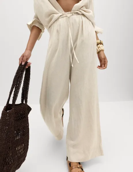 Marks & Spencer Linen Rich Drawstring Wide Leg Trousers Oatmeal