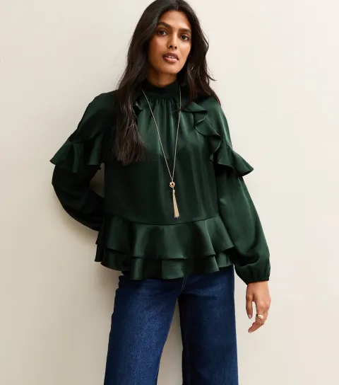 Women's Green Satin Frill Raglan Shirt