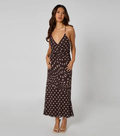 Women's Brown Polka Dot Ruched Midi Dress
