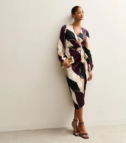Women's Purple Satin Patterned Wrap Midi Dress