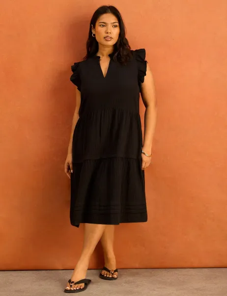 Live Unlimited London Pure Cotton Notch Neck Midi Tiered Dress Black