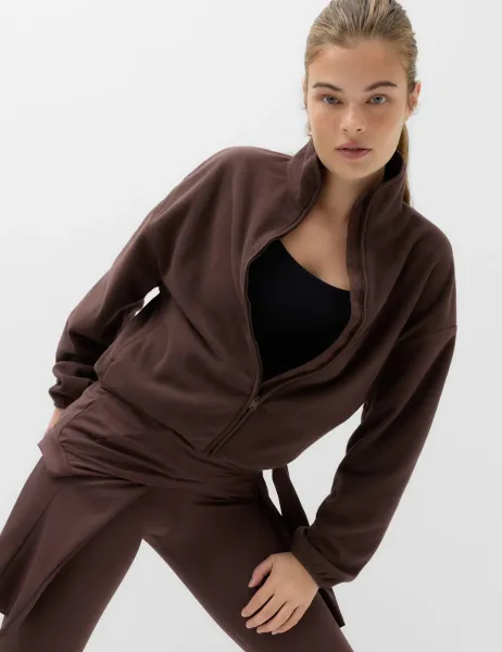Goodmove Zip Up Funnel Neck Relaxed Fleece Jacket Dark Chocolate