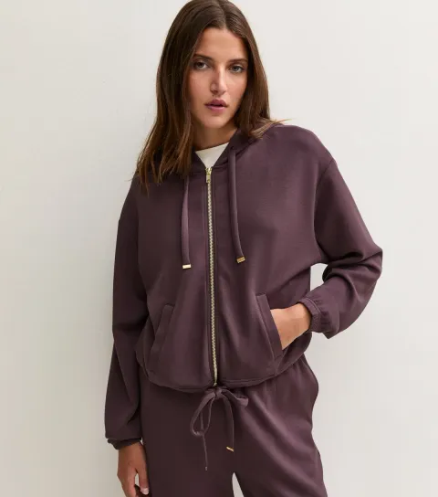 New Look Women's Premium Dark Burgundy Drawstring Hem Zip Up Hoodie