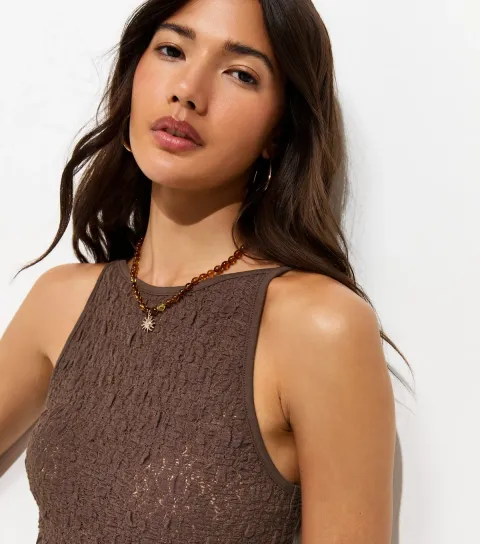 Women's Dark Brown Textured Floral Lace Vest Top