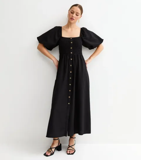 Women's Black Faux Button Milkmaid Midi Dress