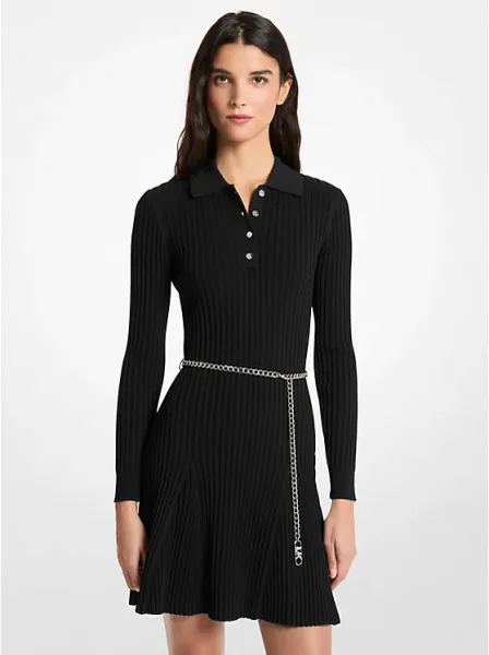 Ribbed Viscose Belted Polo Dress