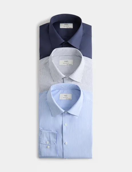 Marks & Spencer 3 Pack Regular Fit Long Sleeve Shirts Blue Mix