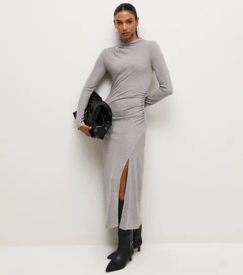 Women's Dark Grey Jersey Long Sleeve Ruched Midi Dress