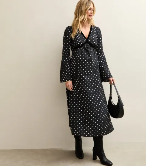 Women's Maternity Black Polka Dot Velvet Trim Midi Dress