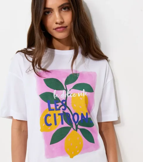 Women's White Cotton Lemon Print Oversized T-Shirt