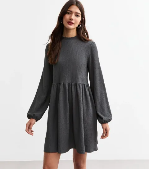 New Look Women's Dark Grey Funnel Neck Crinkle Textured Mini Dress