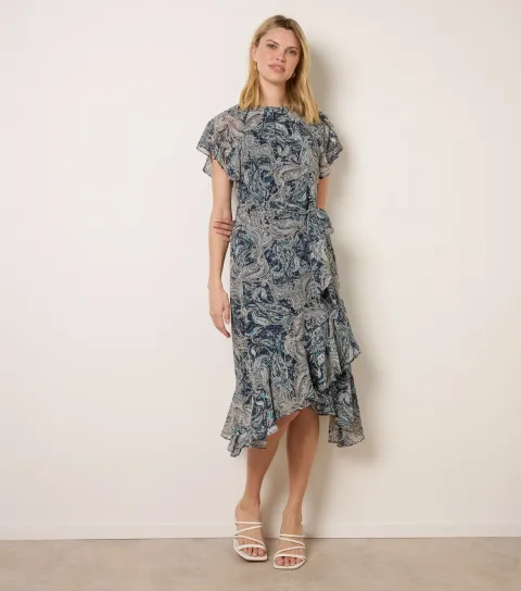 Women's Navy Paisley Asymmetric Midi Dress