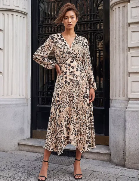Roman Animal Print Twist Front Midi Skater Dress Natural Mix