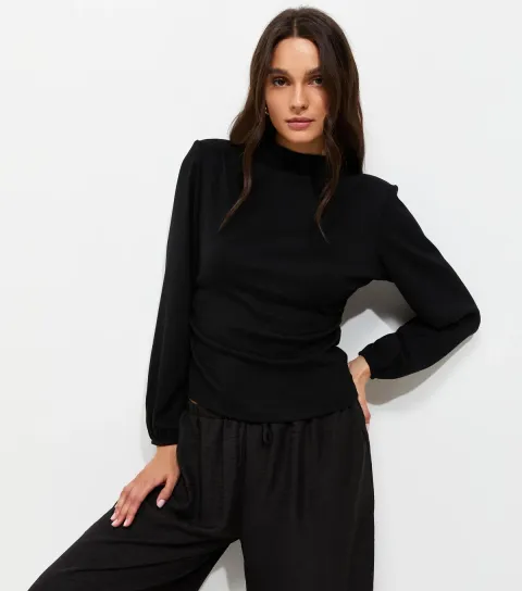 Women's Black Shoulder Pad Long Sleeve Top