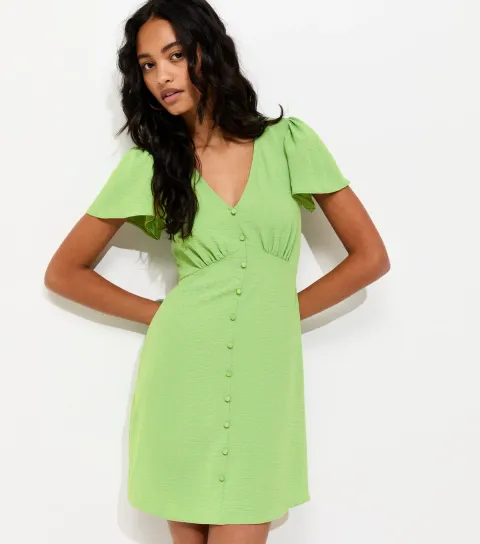 Women's Bright Green V-Neck Button Up Mini Tea Dress
