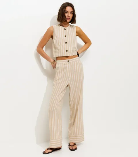 Women's Cream Striped Wide Leg Trousers