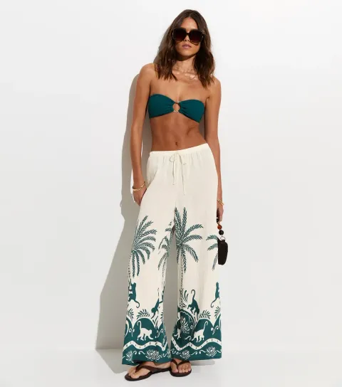 Women's Teal Palm Pattern Beach Wide Leg Trouser