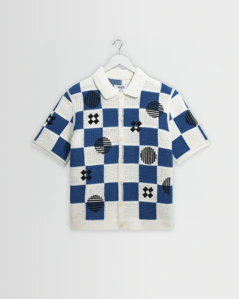 Porto - Ecru and Blue Square Crochet Knitted Shirt