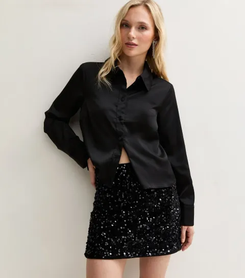 New Look Women's Petite Black Sequin Embellished Mini Skirt