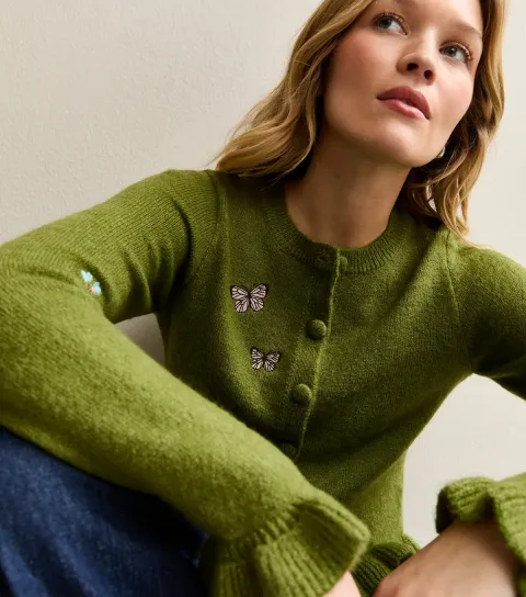 Women's Green Embroidered Butterfly Frill Hem Cardigan