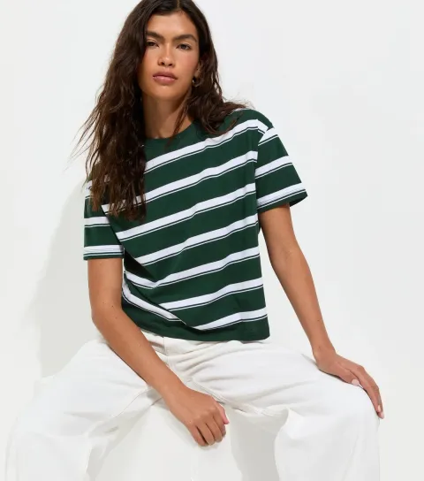 Women's Green Cotton Striped Boxy Fit T-Shirt