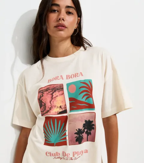Women's Off White Cotton Bora Bora Abstract Box Print Oversized T-Shirt