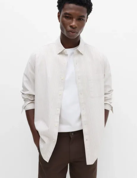 Marks & Spencer Relaxed Fit Cotton Rich Striped Oxford Shirt Natural