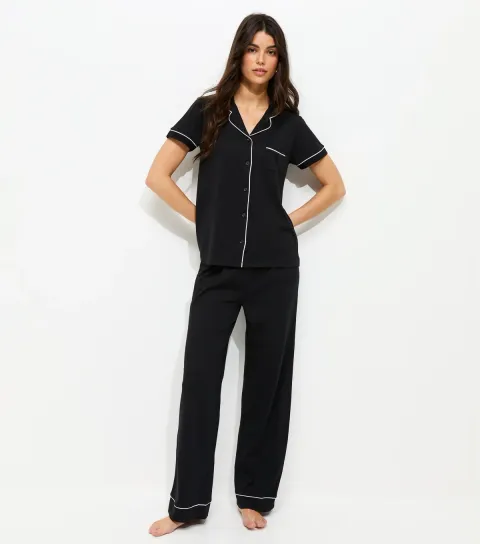 Women's Black Contrast Piping Revere Shirt and Trousers Pyjama Set