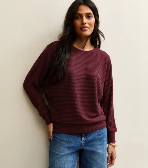 Women's Burgundy Soft Touch Ribbed Batwing Sleeve Top