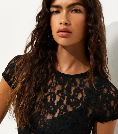 Women's Black Sheer Floral Lace Baby Tee