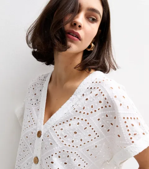 Women's White Broderie Anglaise Short Sleeve Shirt
