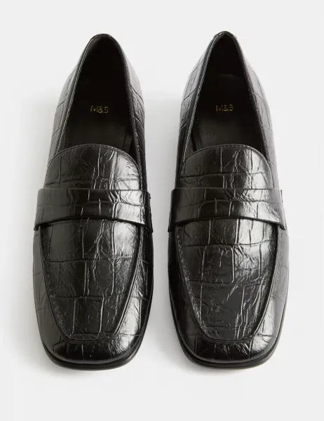 Marks & Spencer Croc Slip On Block Heel Square Toe Loafers Black