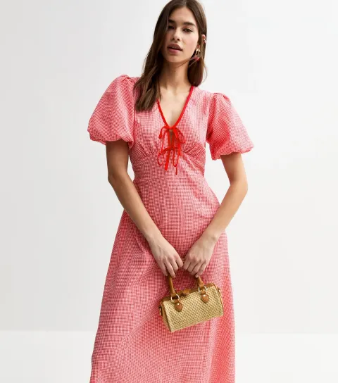 Women's Red Gingham Check Tie Neck Midi Dress